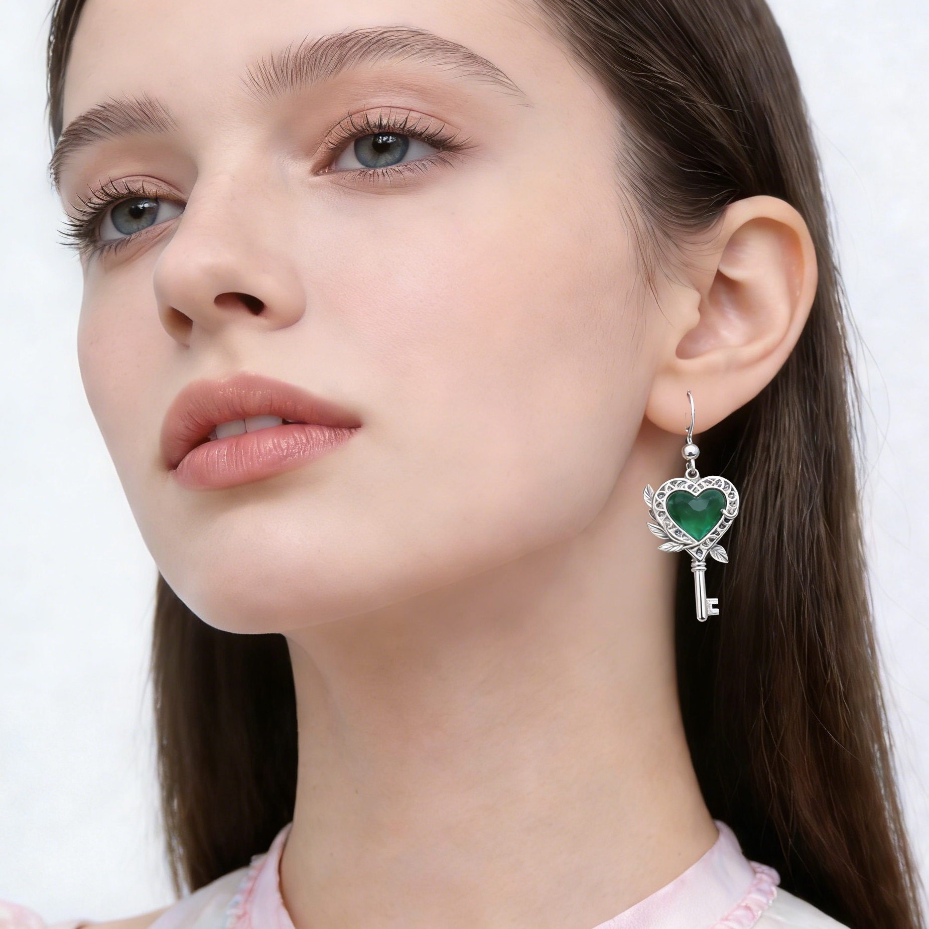 Emerald Heart Key Earrings