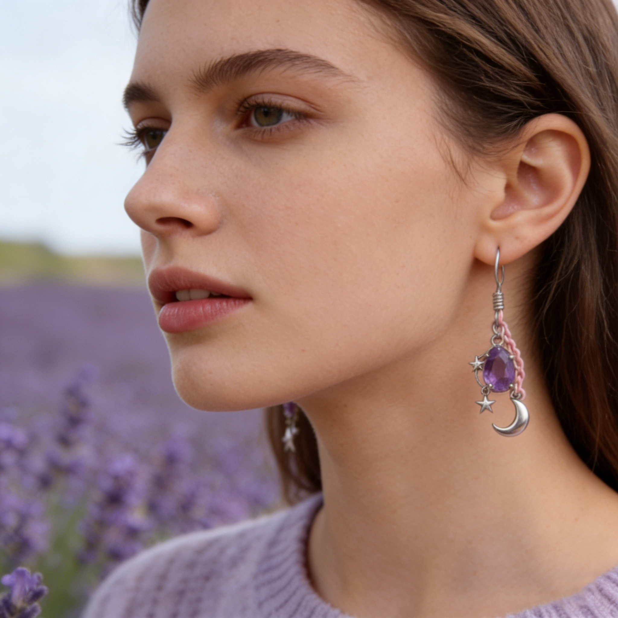 Lavender Star & Moon Drop Earrings