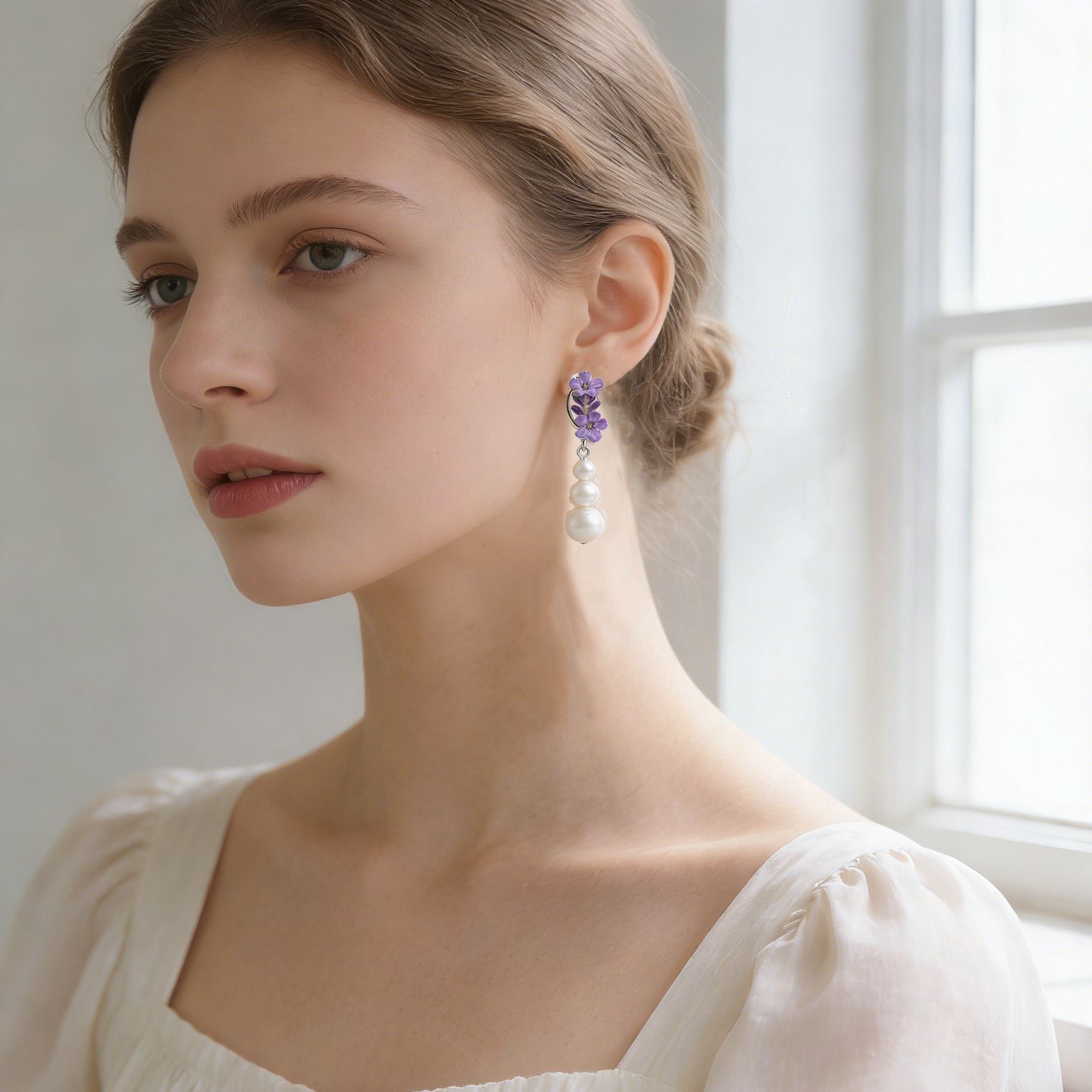 Lavender Bloom Pearl Drop Earrings