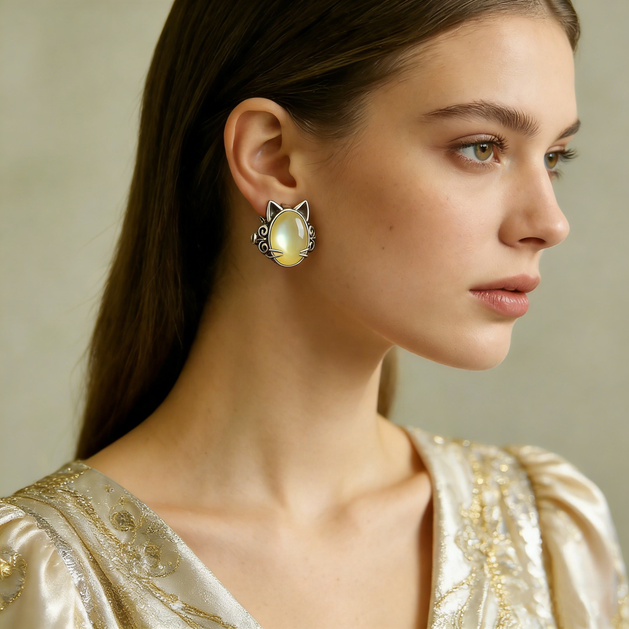 Moonstone Kitty Stud Earrings