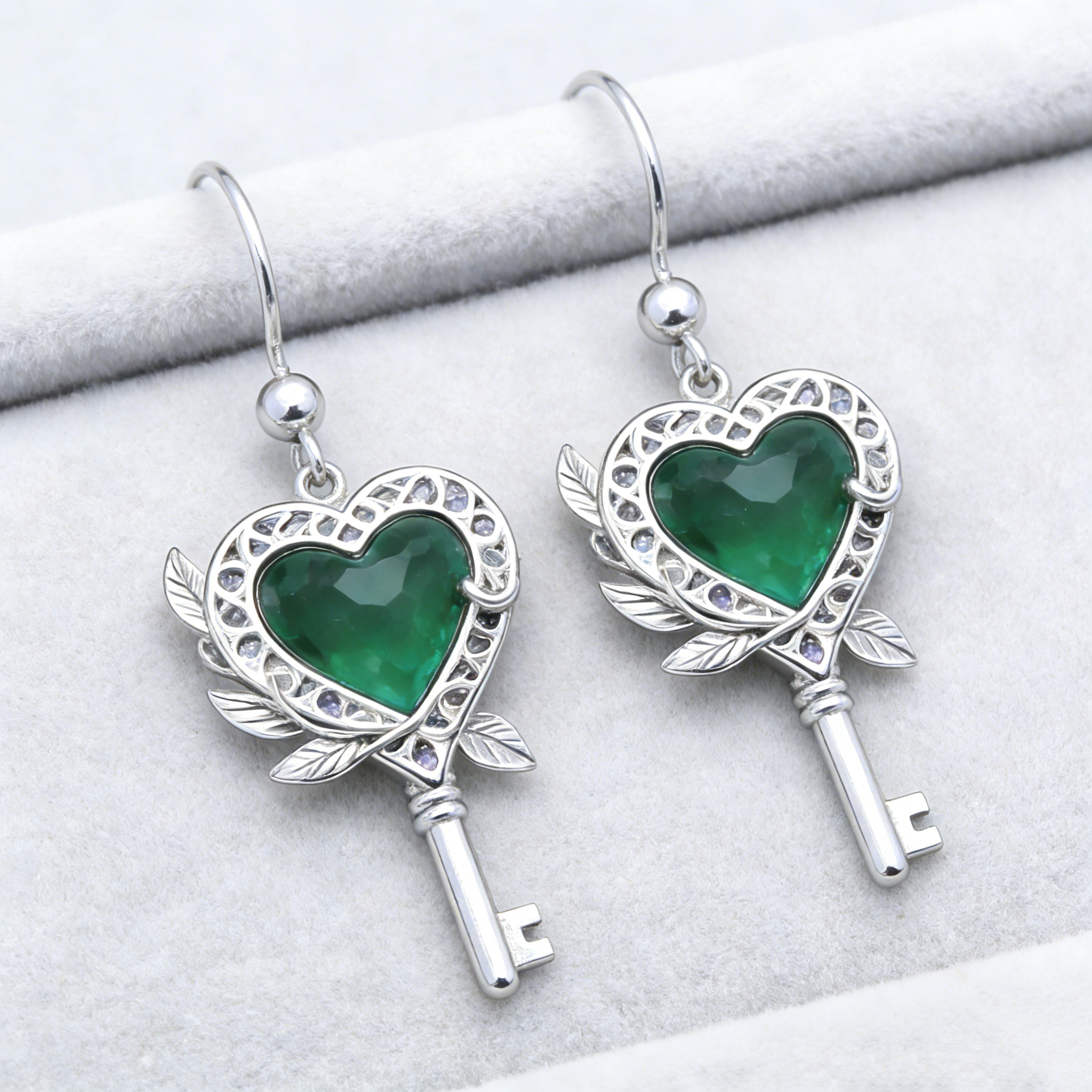 Emerald Heart Key Earrings