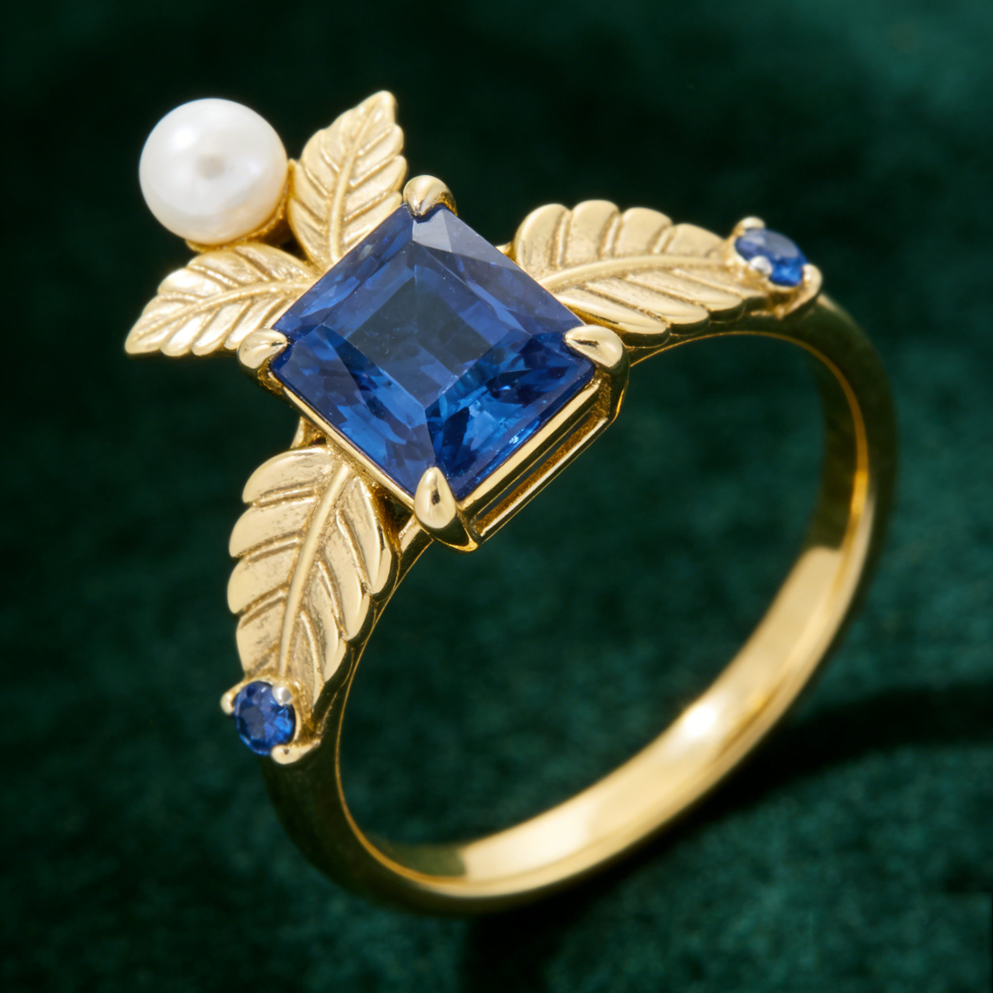 Sapphire Leaf Pearl Ring